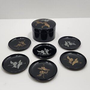 VIntage 60s Japan Airlines (JAL) Black Lacquer W/Cranes 6 Coasters W/Box